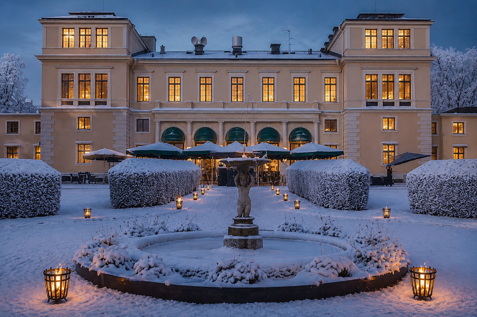 Slottsträdgården i skymning med eldkorgar och snö